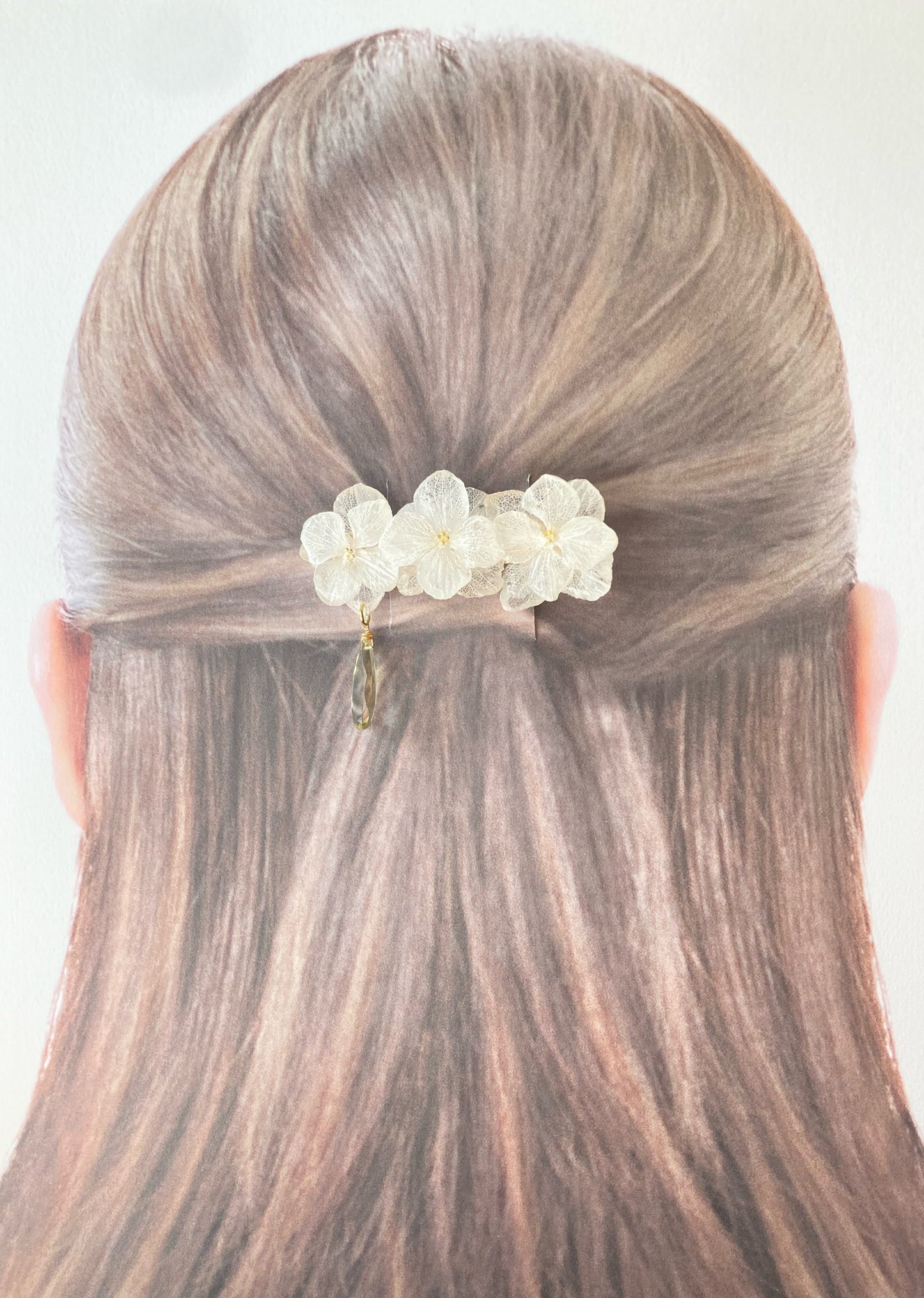 白い紫陽花とレモンクォーツのヘアクリップ 中