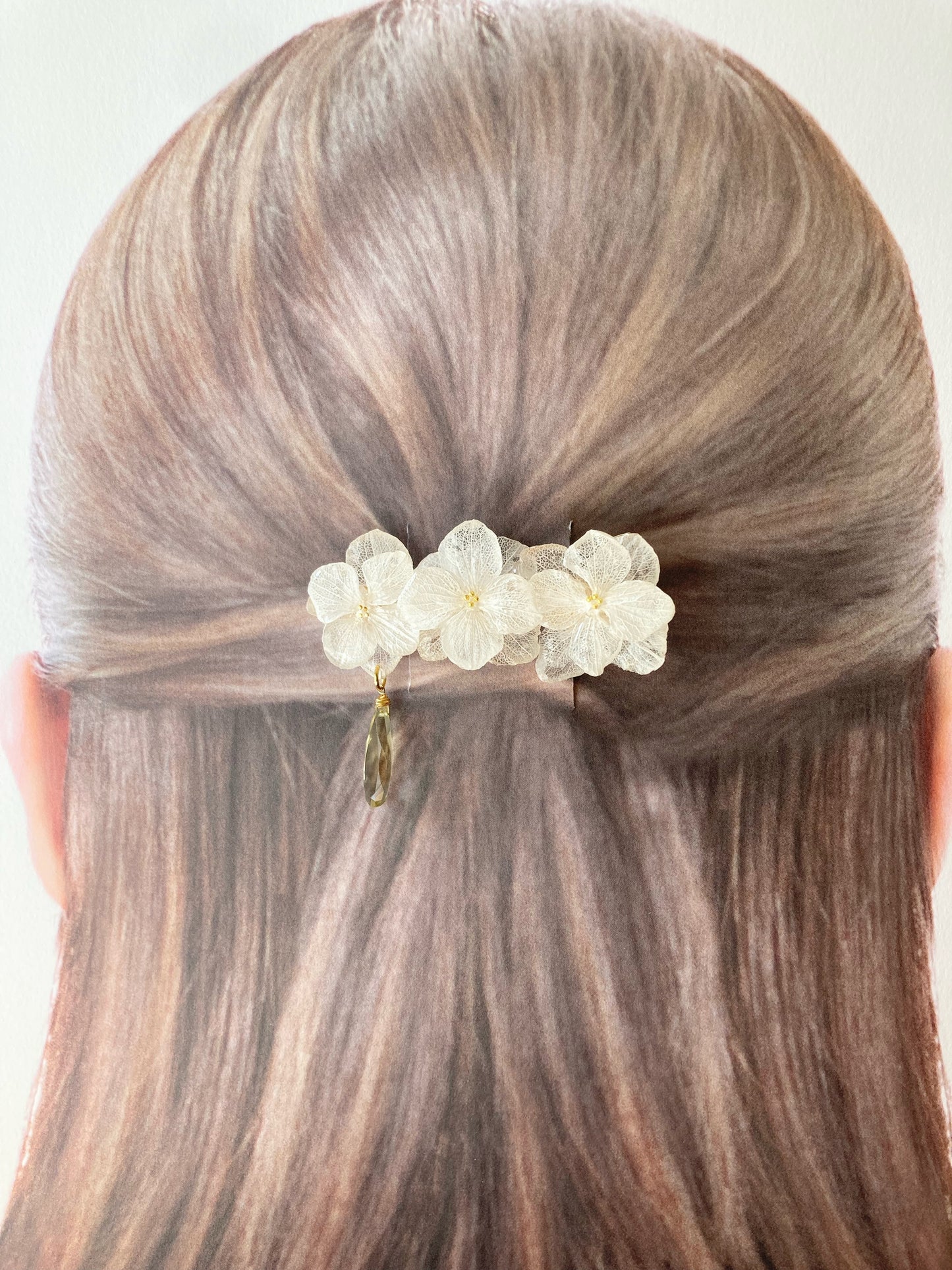白い紫陽花とレモンクォーツのヘアクリップ　中