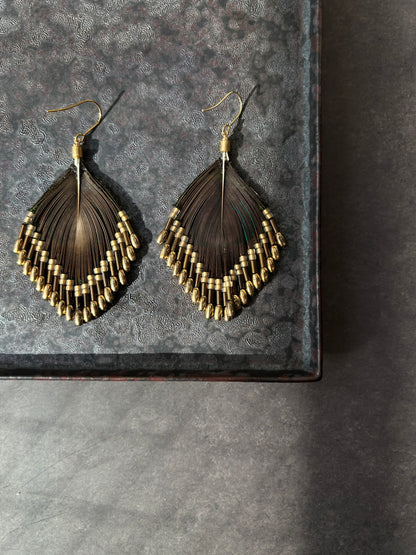 孔雀の羽ピアス 　ブラウンゴールド