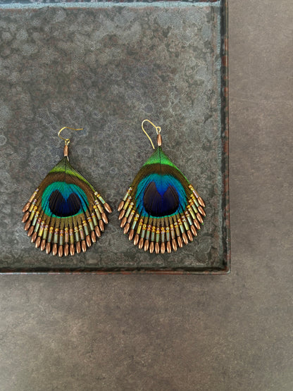 孔雀の羽ピアス ブラウン