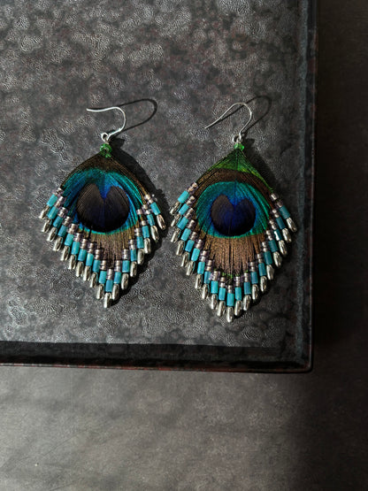 孔雀の羽ピアス 　シルバーブルー