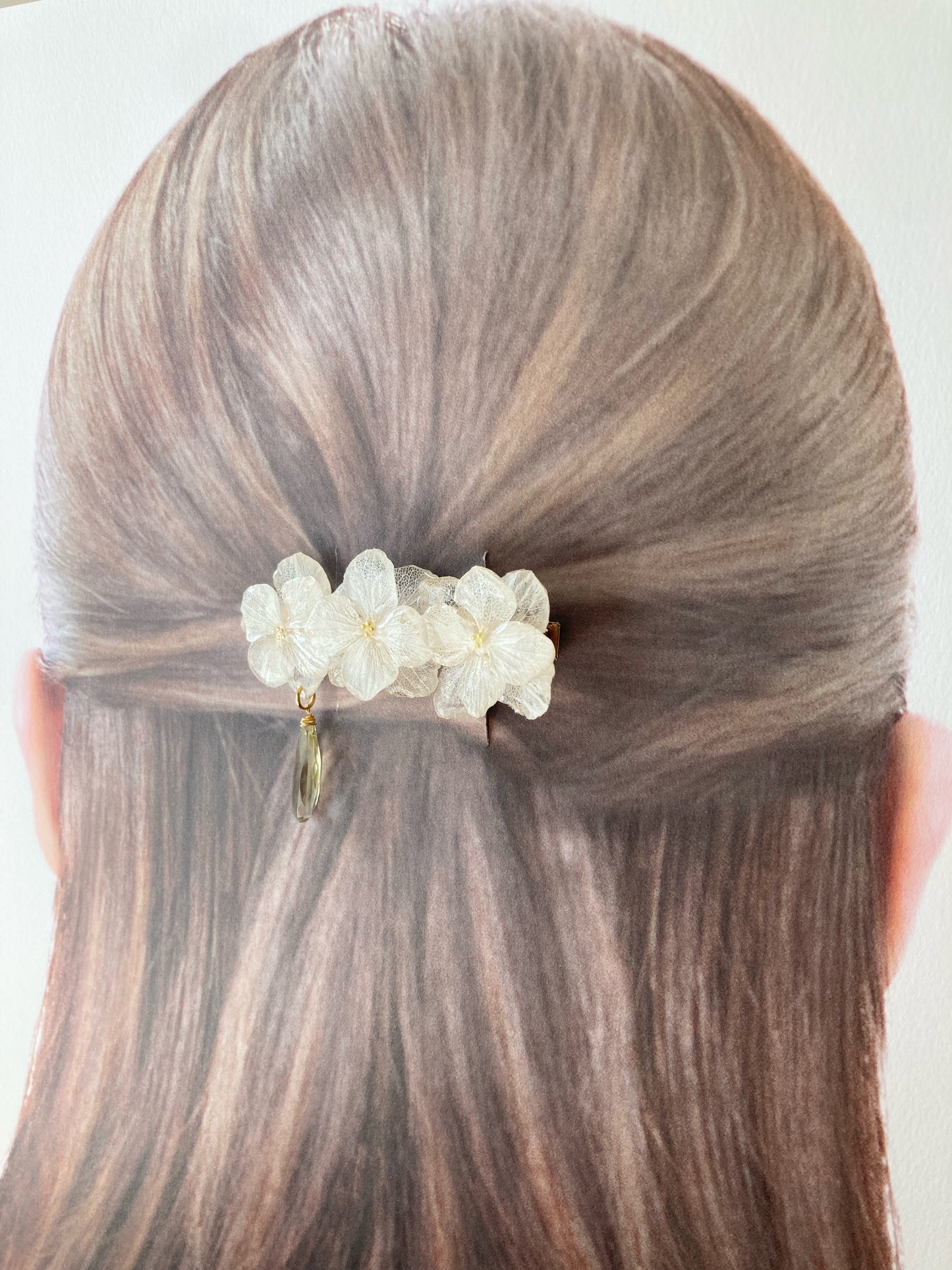 白い紫陽花とレモンクォーツのヘアクリップ　中