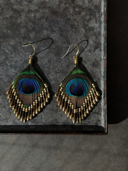 孔雀の羽ピアス 　ブラウンゴールド