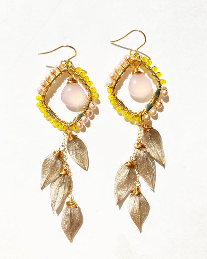 Diamond hoop and leaf earrings